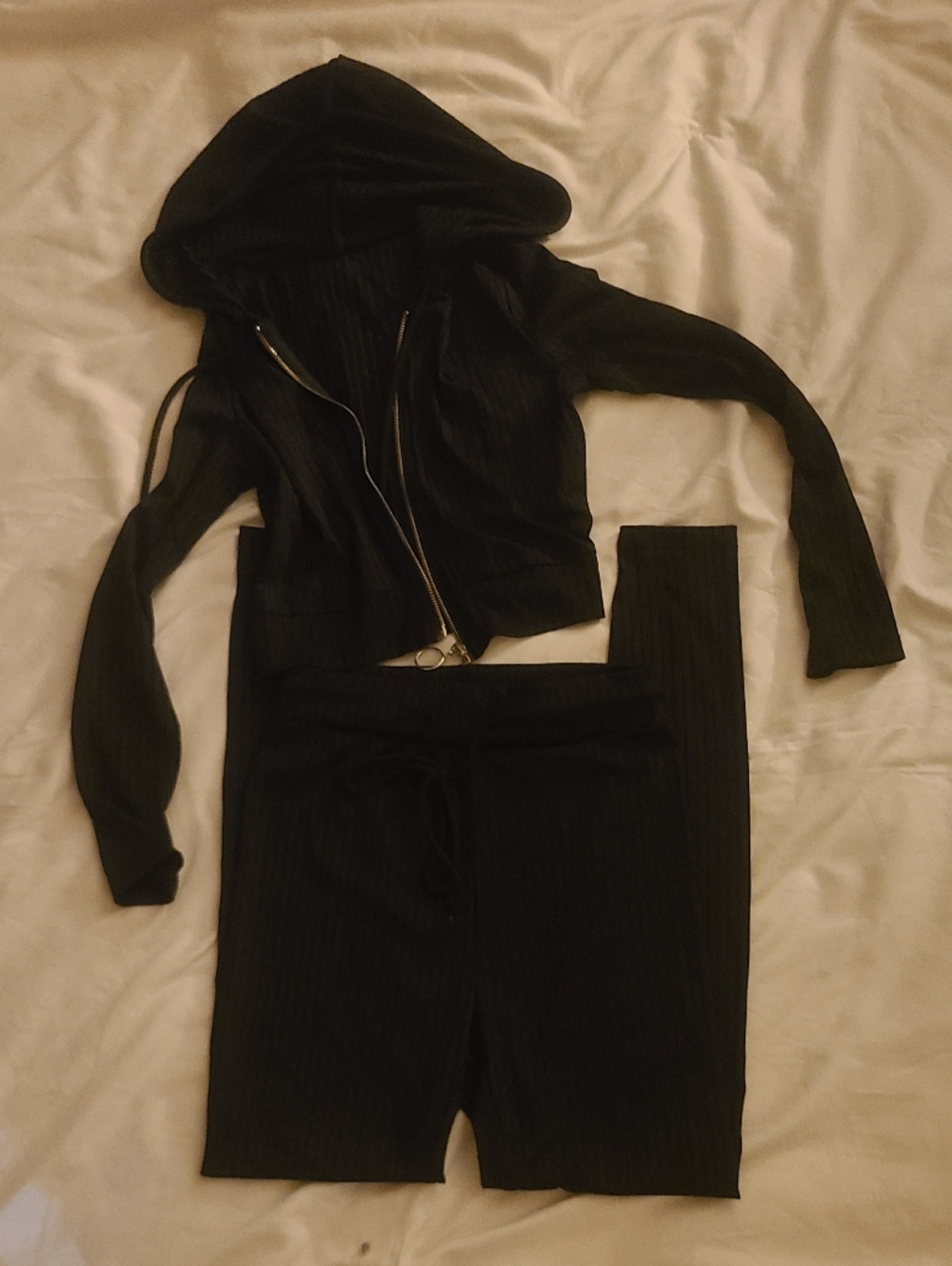 Shein Black Ribbed Hooded Crop Jacket & Pants Set